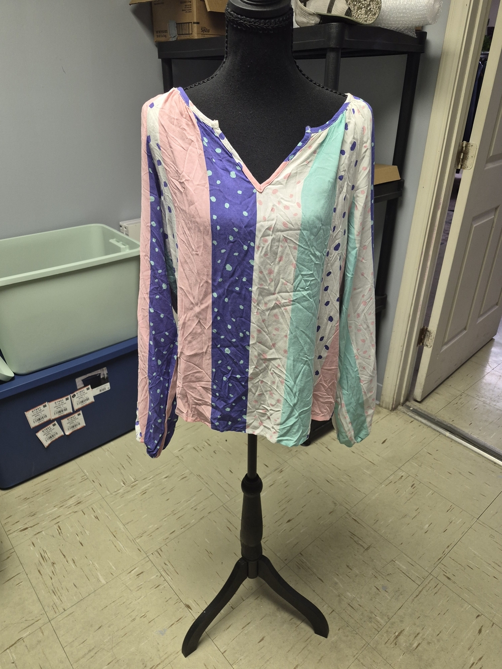 V-Neck Long Sleeve Striped & Polka Dot Top - Pink, Purple, Mint